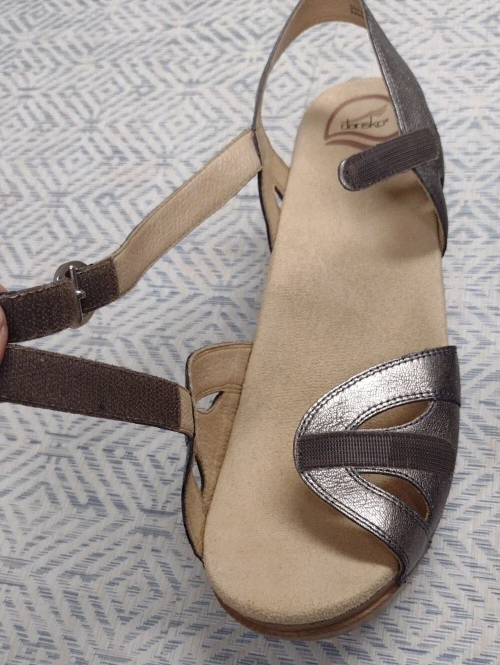 Dansko Silver Leather Wedge Sandals with Wood-Look Heel